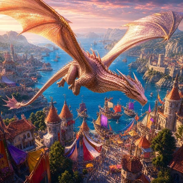 Dragon Over the Harbour jigsaw puzzle — A rose-gold dragon over a medieval harbour festival at dawn, tents and banners below.