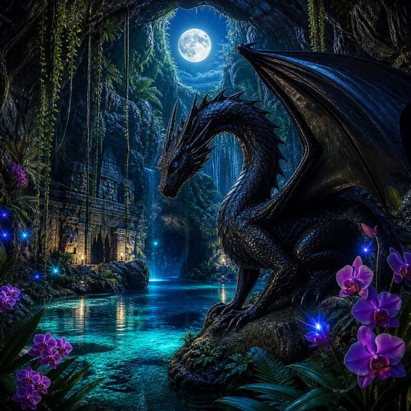 The Obsidian Dragon jigsaw puzzle — An obsidian dragon beside a glowing jungle cenote, orchids and drowned temple stones.