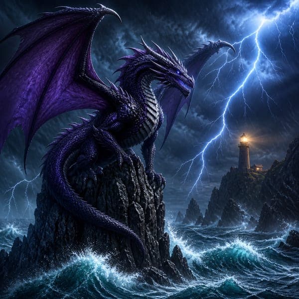 The Storm Dragon jigsaw puzzle — A purple dragon on a sea stack in the lightning, waves breaking beneath it.