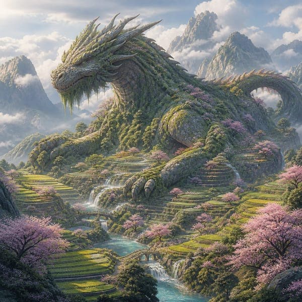 The Sleeping Earth Dragon jigsaw puzzle — A monumental moss-covered dragon asleep across a blossom-filled terraced valley.
