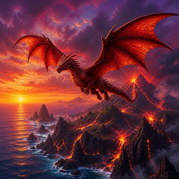 The Crimson Dragon jigsaw puzzle — A crimson dragon soaring over a volcanic island, lava rivers burning below.