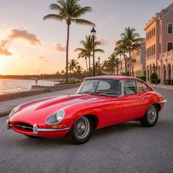 1961 E-Type jigsaw puzzle — A red roadster on a palm-lined ocean boulevard at sunset.