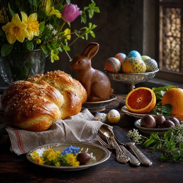 Easter Dessert Table jigsaw puzzle — Braided bread, chocolate rabbits, citrus and painted eggs in low light.