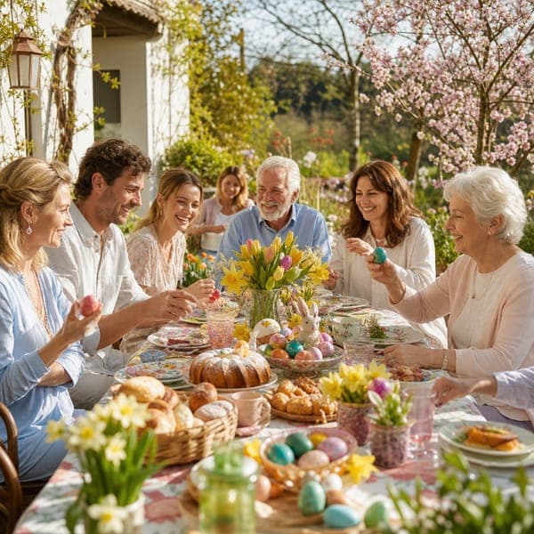 Easter Garden Brunch jigsaw puzzle — Three generations around a garden table beneath the spring blossoms.