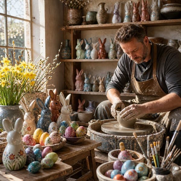 Easter Pottery Studio jigsaw puzzle — A potter at the wheel among shelves of painted rabbits and spring glazes.