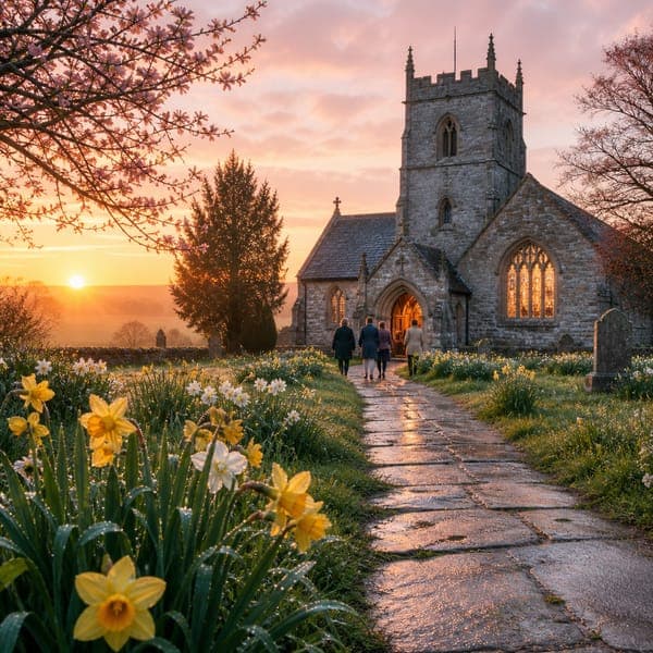 Easter Sunrise Church jigsaw puzzle — A stone country church glowing at Easter sunrise, daffodils along the path.