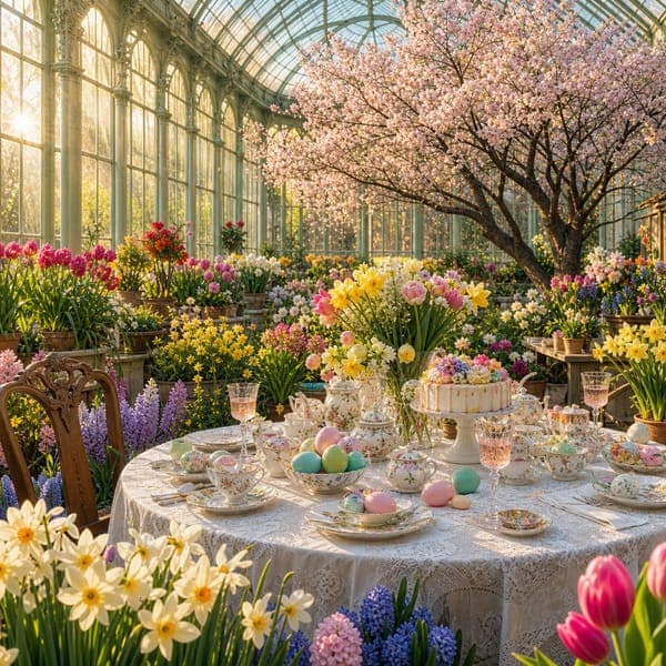 Easter Tea Party jigsaw puzzle — An elegant Easter tea laid inside a flowering glasshouse.