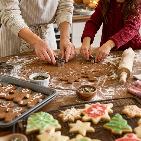 Christmas Cookie Day jigsaw puzzle — Little hands cutting stars and trees from gingerbread dough, icing standing by.
