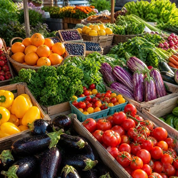 Farmers Market Morning jigsaw puzzle — Crates of peppers, tomatoes, eggplant and citrus piled high at an open-air market.