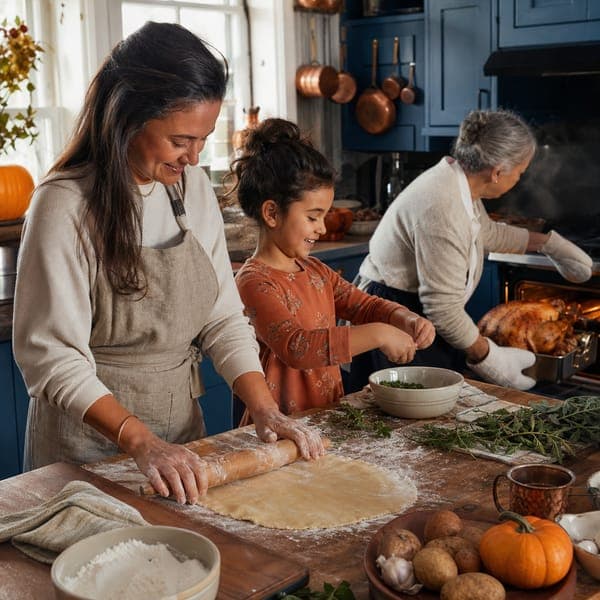 The Farmhouse Kitchen jigsaw puzzle — Three generations elbow-deep in Thanksgiving morning prep.