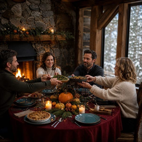 Fireside Thanksgiving jigsaw puzzle — Thanksgiving at a snowy lodge, firelight doing the decorating.