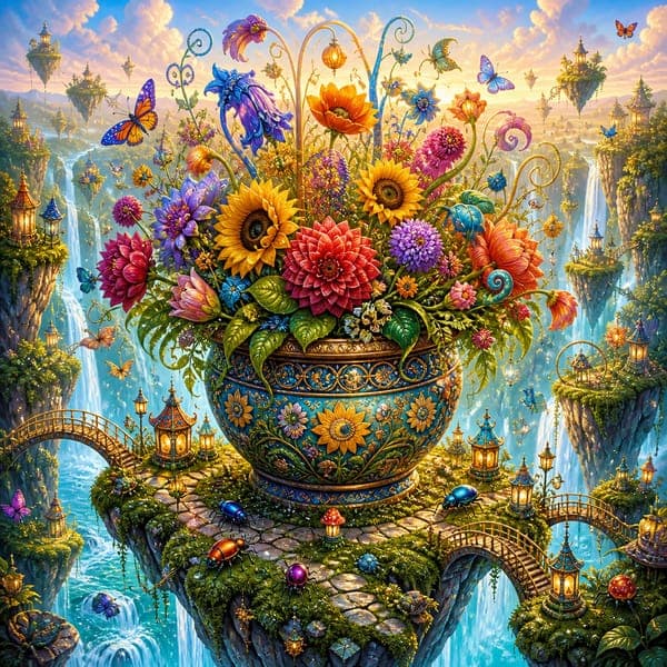 Floating Garden Falls jigsaw puzzle — A jeweled urn of blooms on a sky island, ringed by waterfalls and lanterns.