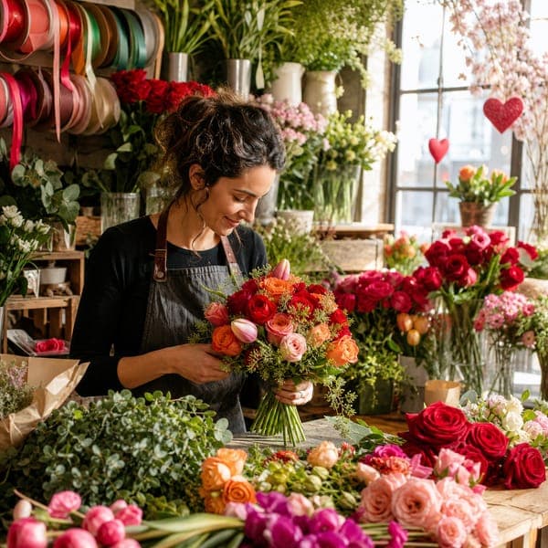 The Florist's Workshop jigsaw puzzle — A florist building the morning's bouquets in full sunlight.