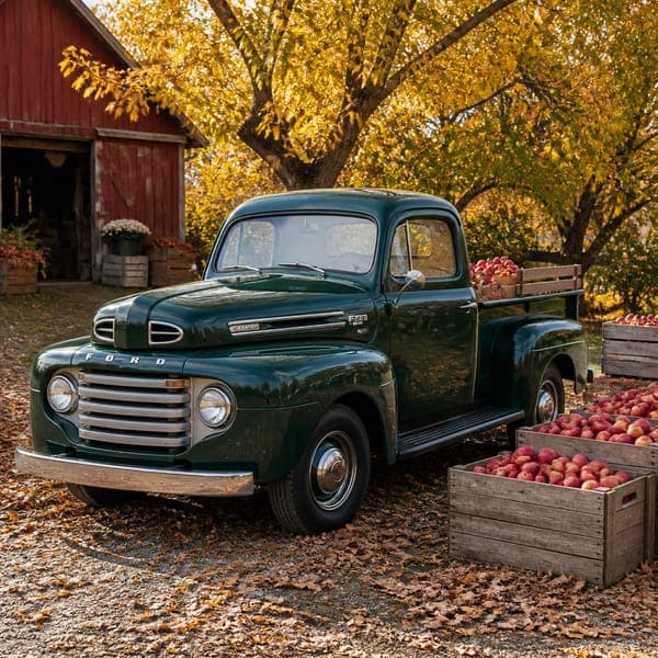1948 Ford F-1 Pickup jigsaw puzzle — A green pickup loaded with crates in a golden apple orchard.