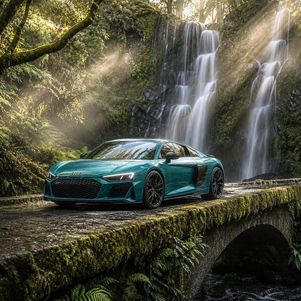 Audi R8 jigsaw puzzle — A teal Audi R8 on a mossy bridge beside a forest waterfall.