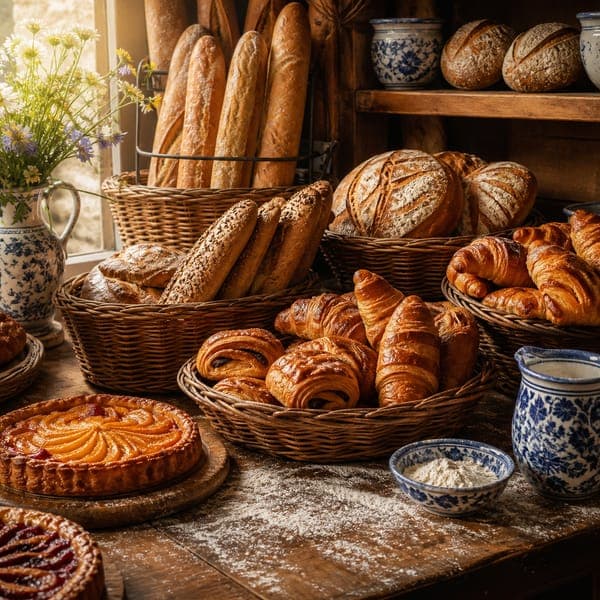 The French Bakery jigsaw puzzle — Baguettes, croissants and pain au chocolat stacked in willow baskets.