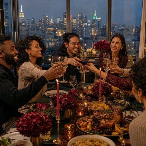 Friendsgiving jigsaw puzzle — A city apartment Friendsgiving, skyline out the window.
