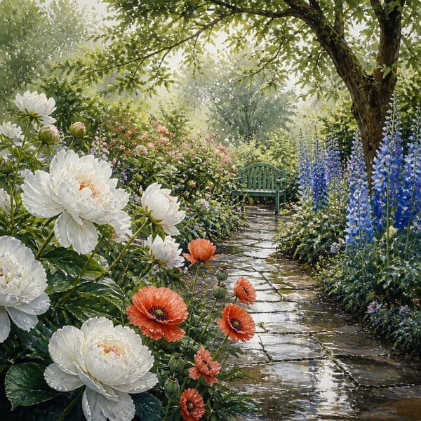 Garden After Rain jigsaw puzzle — A luminous watercolour garden, every petal still holding rainfall.