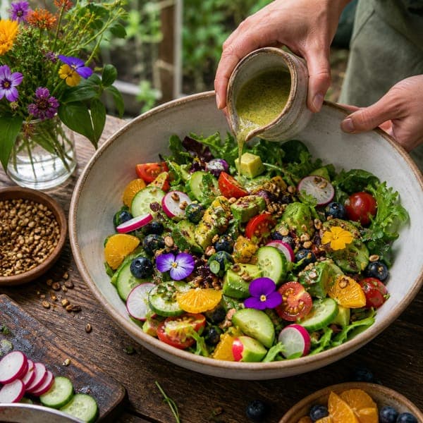 Garden Salad Harvest jigsaw puzzle — A just-picked salad dressed at the table, radishes and blooms scattered near.