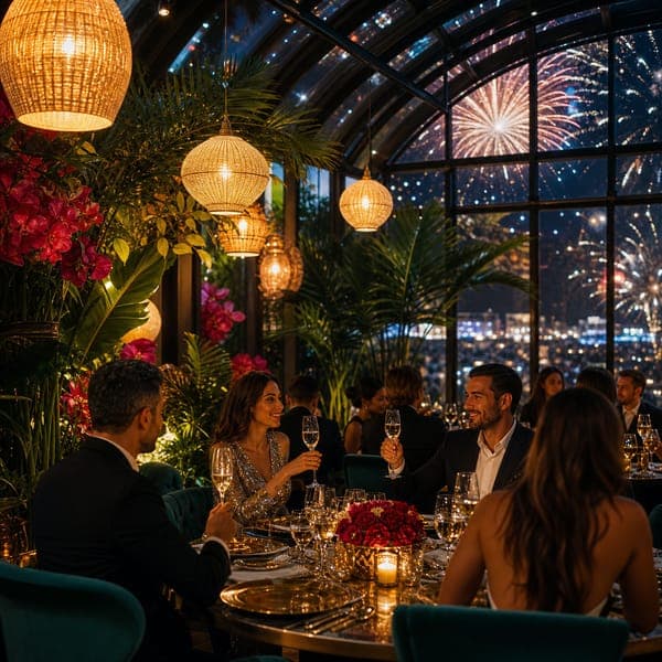 The Glass Conservatory jigsaw puzzle — A New Year's dinner under glass, the night sky for a ceiling.