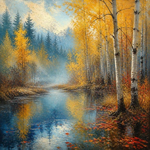 Golden Aspens jigsaw puzzle — Encaustic aspens in full gold, doubled in the blue still water below.