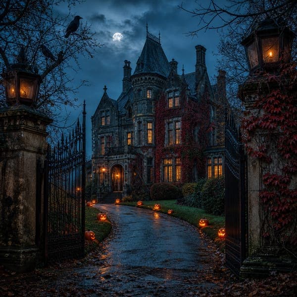 The Gothic Mansion jigsaw puzzle — A gothic mansion under a storm-violet sky, every window lit.