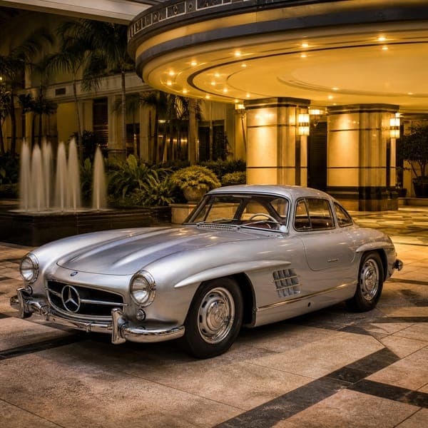 1955 Gullwing Coupe jigsaw puzzle — Silver gullwing coupe under the lit canopy of an Art Deco hotel.