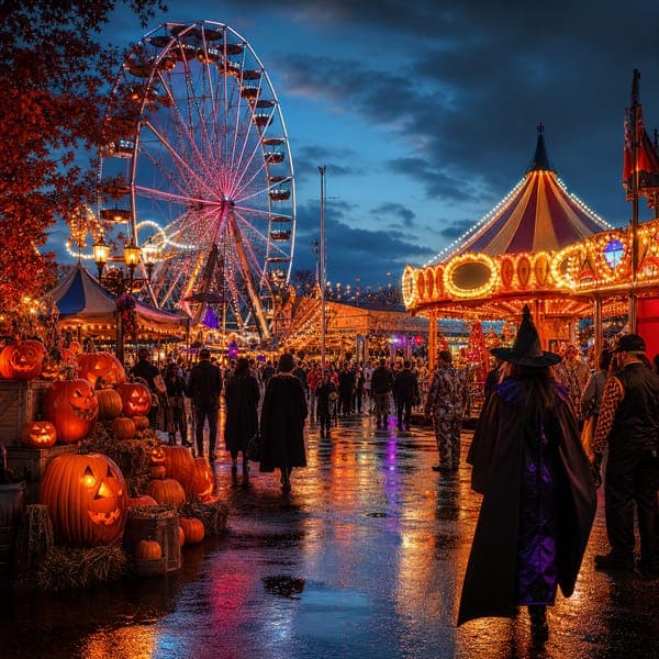 Halloween Carnival jigsaw puzzle — A Halloween carnival in full swing — rides, lights and costumes.