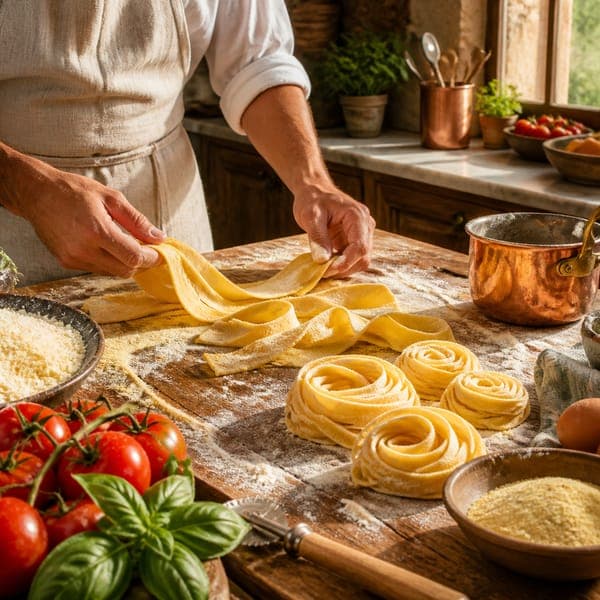 Fresh Pasta by Hand jigsaw puzzle — Tagliatelle ribbons rolled and floured in a warm Italian kitchen.