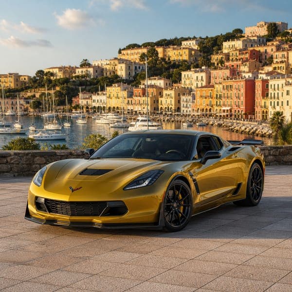 Corvette Z06 jigsaw puzzle — A gold Corvette Z06 above a Mediterranean harbour of pastel houses and yachts.