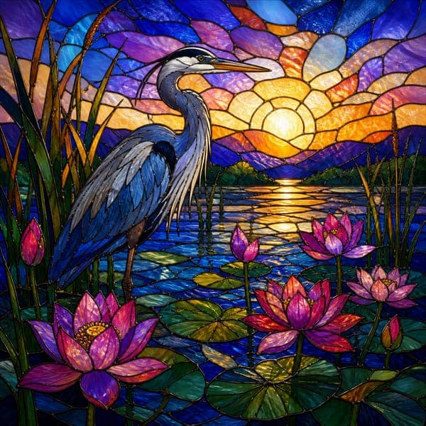 Stained-Glass Heron jigsaw puzzle — A great heron among lotus flowers, rendered in leaded glass at sunrise.