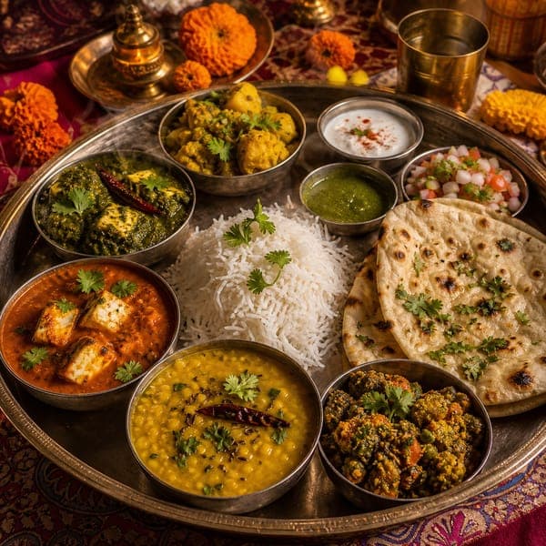 Indian Thali jigsaw puzzle — Curries, dal, naan and chutneys circling a brass platter in full color.