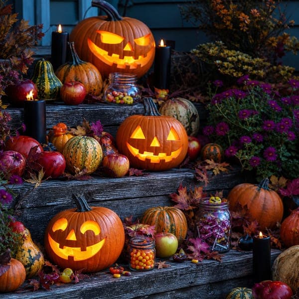 Jack-o'-Lantern Harvest jigsaw puzzle — Carved pumpkins, apples, candles and leaves stacked on harvest steps.