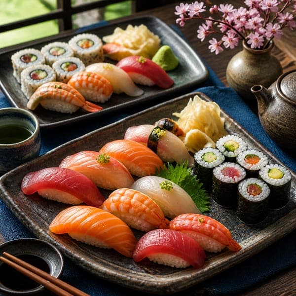Sushi Board jigsaw puzzle — Nigiri, maki and sashimi arranged on stoneware with pickled ginger and blossoms.