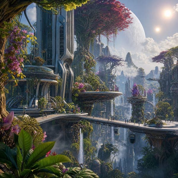 Jungle Canopy City jigsaw puzzle — A green metropolis woven through colossal trees, waterfalls and mist.