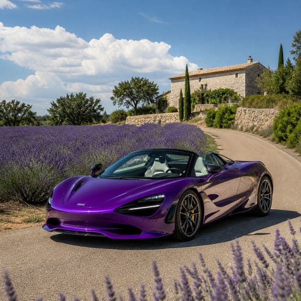McLaren 750S jigsaw puzzle — A purple McLaren 750S on a track through rows of flowering lavender.