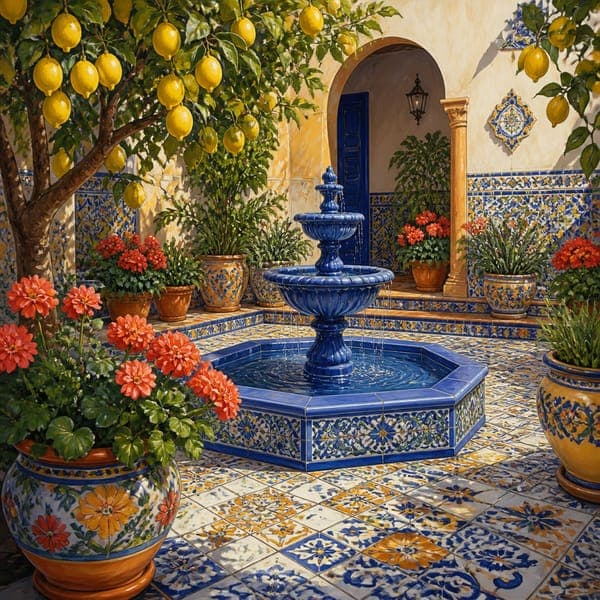 Lemon Courtyard jigsaw puzzle — A hand-painted tile courtyard, lemon trees around a cobalt fountain.