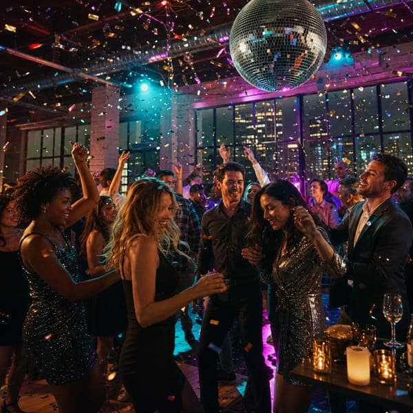 The Loft Party jigsaw puzzle — A packed New Year's dance floor under a disco ball in a brick loft.