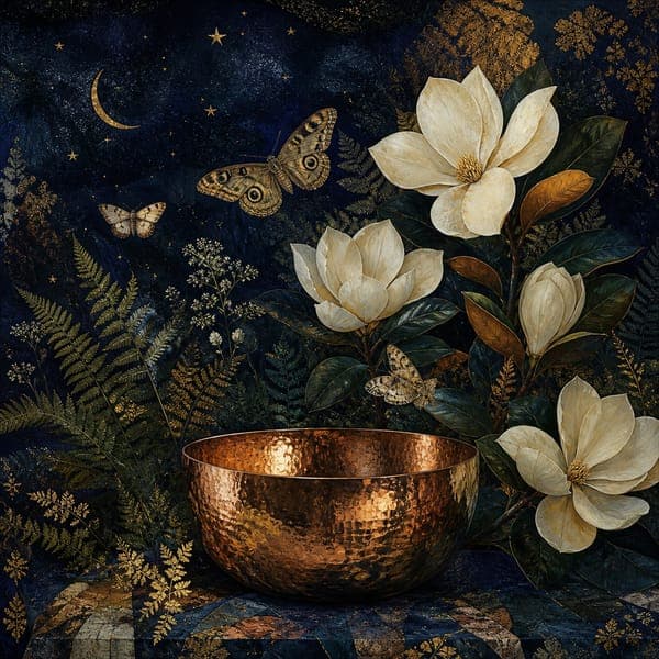 Magnolias at Night jigsaw puzzle — Mixed-media magnolias and moths under stars, a copper bowl catching the light.