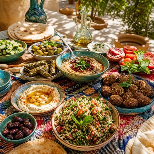 Mezze in the Sun jigsaw puzzle — Hummus, falafel, olives and flatbread spread across a sunlit terrace table.