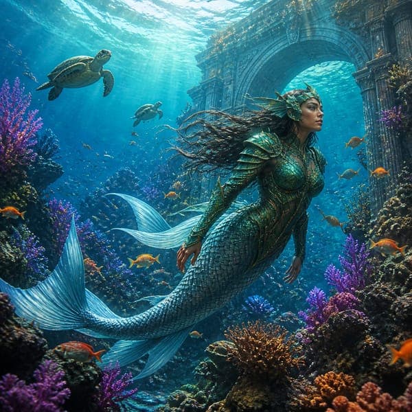 Guardian of the Reef jigsaw puzzle — A mermaid swimming a coral reef past turtles and the columns of a sunken city.