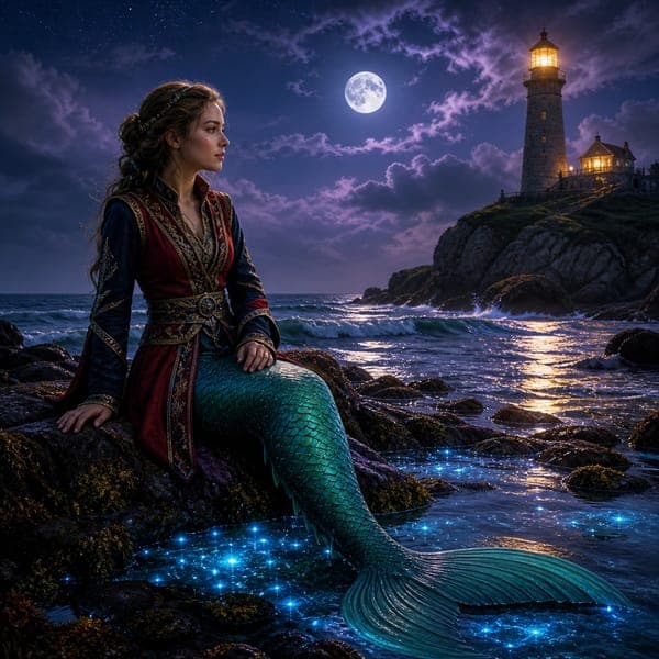 The Lighthouse Mermaid jigsaw puzzle — A mermaid among glowing tide pools on a moonlit coast, the lighthouse burning behind.