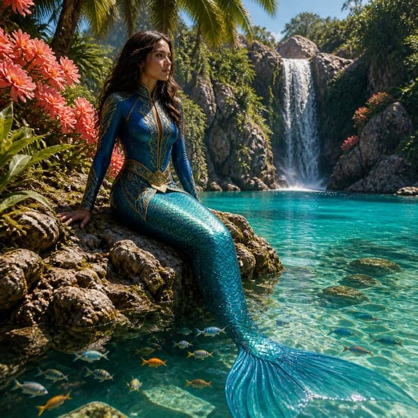 The Lagoon Mermaid jigsaw puzzle — A mermaid at the edge of a waterfall-fed tropical lagoon in blue and gold.