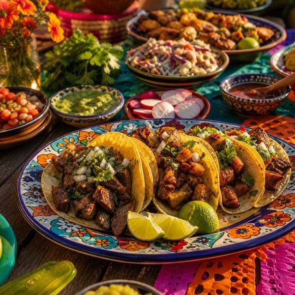 Taco Night jigsaw puzzle — Street-style tacos on talavera plates with lime, salsa and fiesta color.