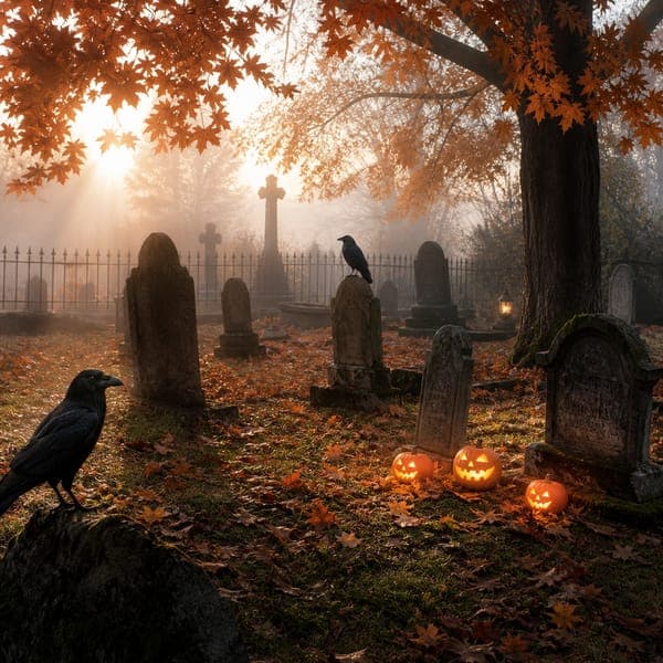 The Misty Churchyard jigsaw puzzle — An old churchyard in colored autumn mist, crows on the stones.