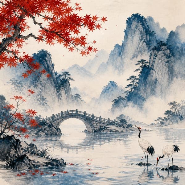 Cranes and Maple Bridge jigsaw puzzle — Ink-and-colour mountains in mist, red maple over a stone bridge, cranes wading below.