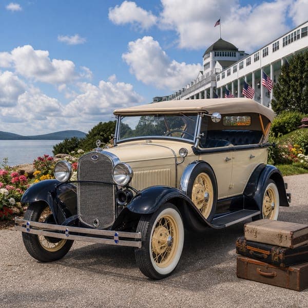 1930 Ford Model A jigsaw puzzle — A cream-and-navy Model A Phaeton drawn up at a grand lakeside hotel.