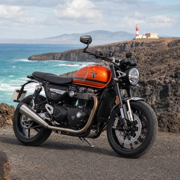 Modern Classic, Coast Road jigsaw puzzle — An orange-tanked roadster on a headland above a lighthouse and surf.