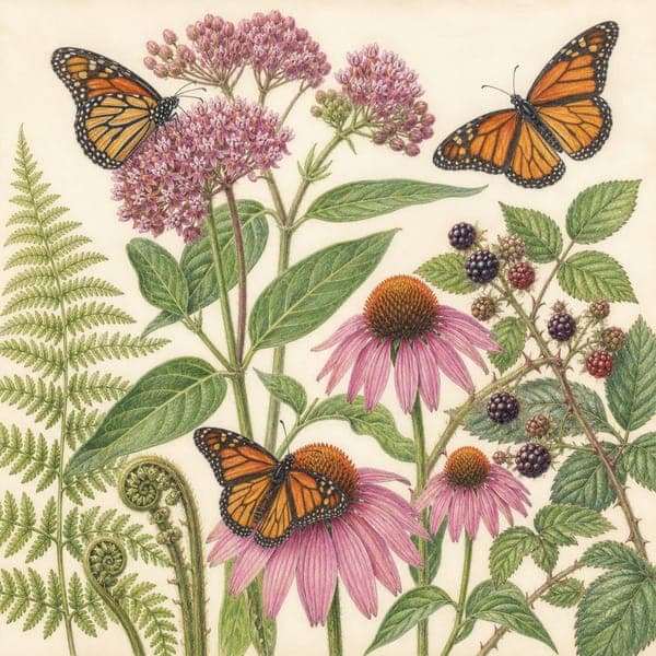 Monarchs and Coneflowers jigsaw puzzle — A colored-pencil botanical study of monarchs, coneflowers and ferns.