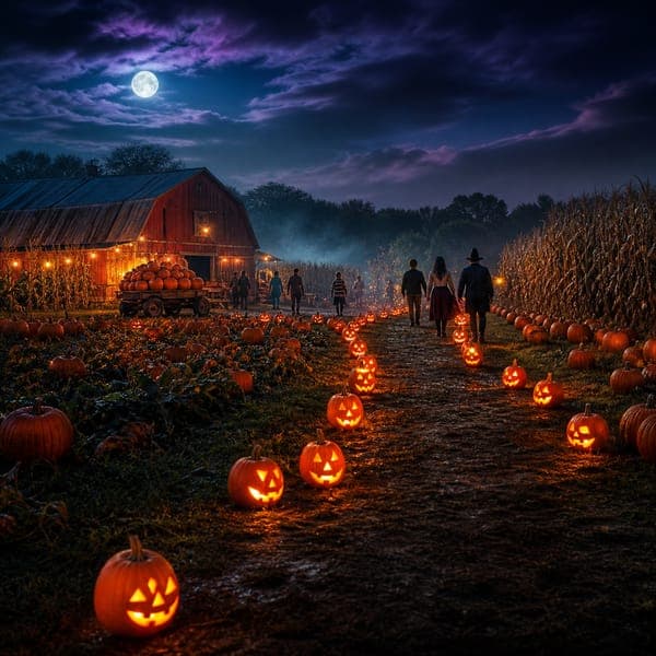 Moonlit Pumpkin Patch jigsaw puzzle — A fog-laced pumpkin patch under the full moon, red barn behind.